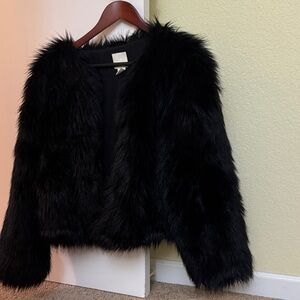 H&M Elegant Black Faux Fur Jacket Size L EUC
